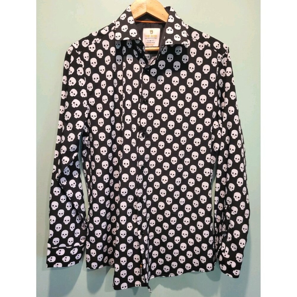 Tom Baine Black White Skull Lightweight Stretch Long Sleeve Button Up Shirt Sz M